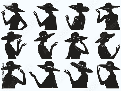 Summer Swim Wear beach women's Black Silhouette bundle. Summer Swimwear for Women and Women Flat Symbol. Swimsuit Hat women Silhouette standing beach Isolated Vector Illustration.