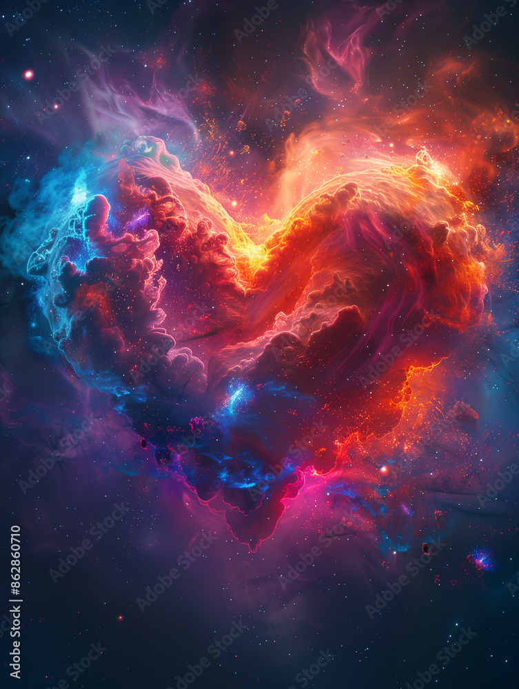 A colorful heart is surrounded by clouds in space. The heart is surrounded by a blue and purple cloud, with a red cloud above it A colorful heart is surrounded by clouds in space. The heart is surrounded by a blue and purple cloud, with a red cloud above it