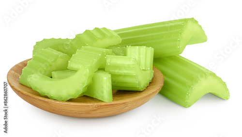 fresh celery in wooden bowl isolated on white background with full depth of field