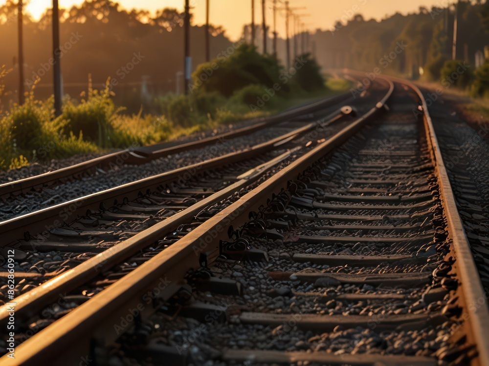 Train Tracks at Sunset. Golden Hour Illuminates Empty Railroad Train Tracks at Sunset. Golden Hour Illuminates Empty Railroad