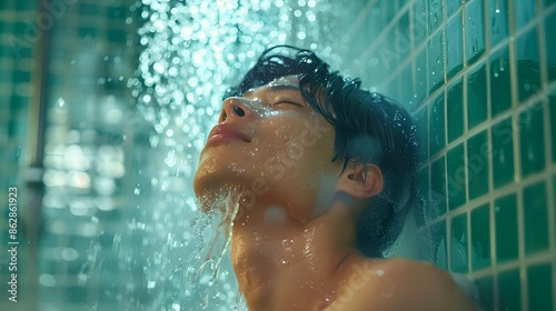 Handsome Asian Man Showering in Bathroom for Advertising Campaign with Neo Pop Sensibility photo