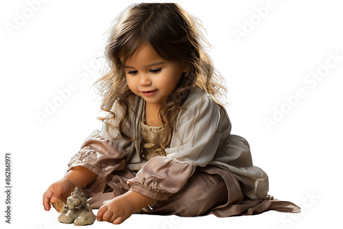 A two-year-old girl is sitting collecting beads from small beads Isolated on transparent background