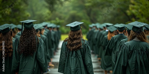 Rear view of a group of students in graduation gowns standing in a row © Asad