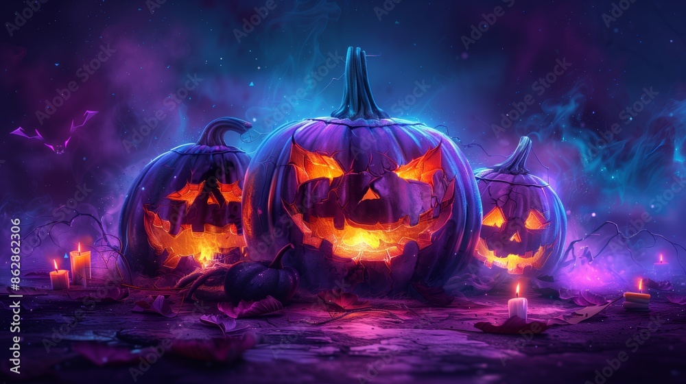 Naklejka premium Illuminated Jack OLanterns On A Spooky Halloween Night