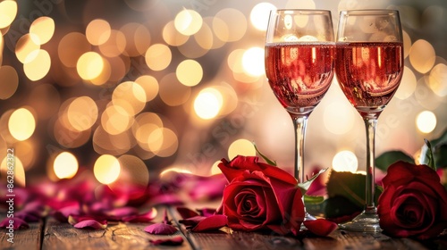 Two glasses of sparkling wine surrounded by rose petals and soft bokeh lights, creating a romantic and festive scene. © tashechka