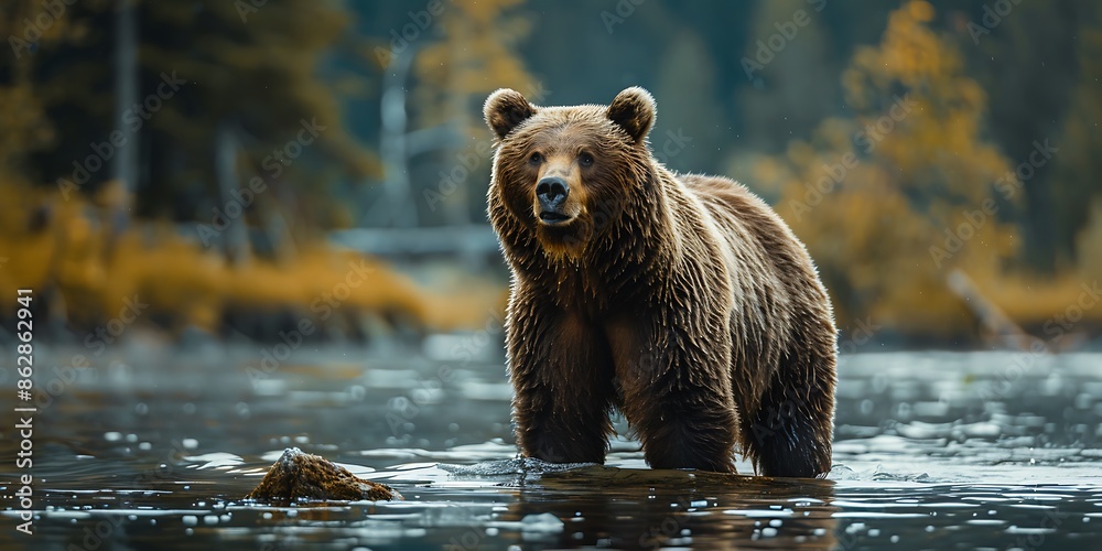 Brown bear on the river in autumn forest. Scientific name: Ursus arctos. Brown bear on the river in autumn forest. Scientific name: Ursus arctos.