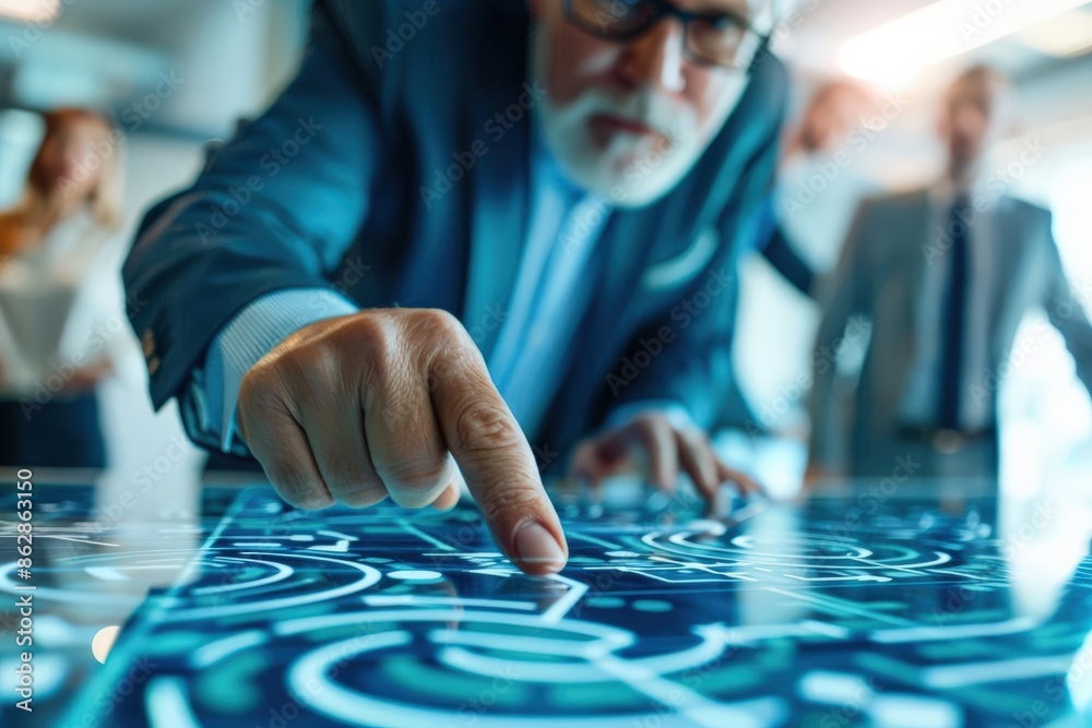 Close-up of a businessman pointing at a futuristic digital interface, emphasizing technology and data analysis in a modern office environment. Close-up of a businessman pointing at a futuristic digital interface, emphasizing technology and data analysis in a modern office environment.