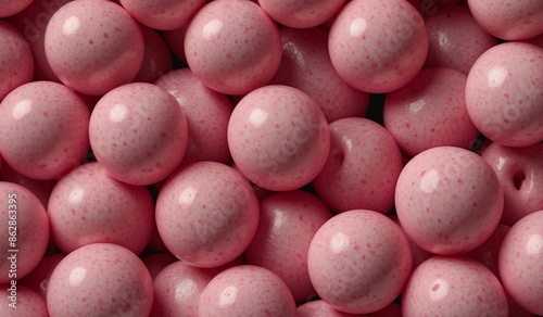 Close-up of pink gumballs, textured and colorful candy.