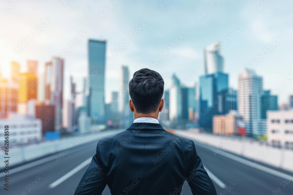 Rear view of a businessman standing on a highway overlooking a modern city skyline, symbolizing leadership, ambition, and future opportunities. Rear view of a businessman standing on a highway overlooking a modern city skyline, symbolizing leadership, ambition, and future opportunities.