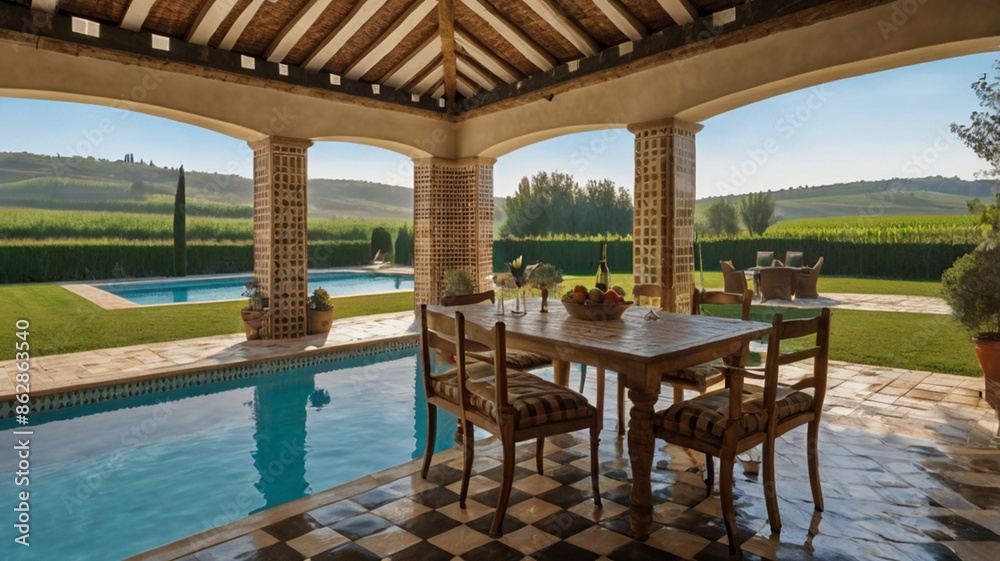 outside dining area in a classic style with views of the expansive swimming pool outside dining area in a classic style with views of the expansive swimming pool