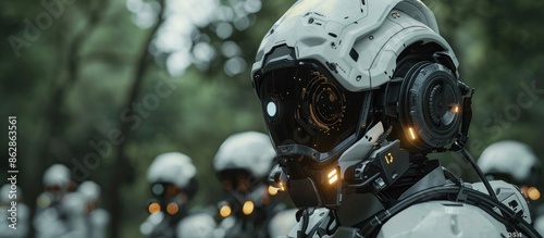 A group of robots are standing in a forest, with one of them wearing a helmet that has a blue light on it. The scene is futuristic and gives off a sense of mystery and adventure