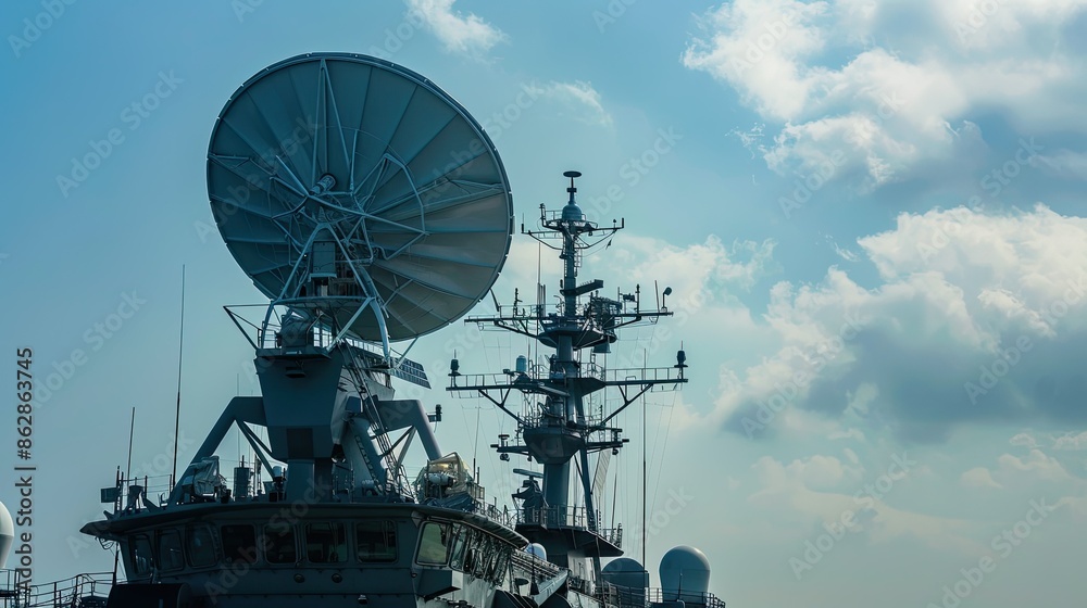 Large satellite dish on a navy ship