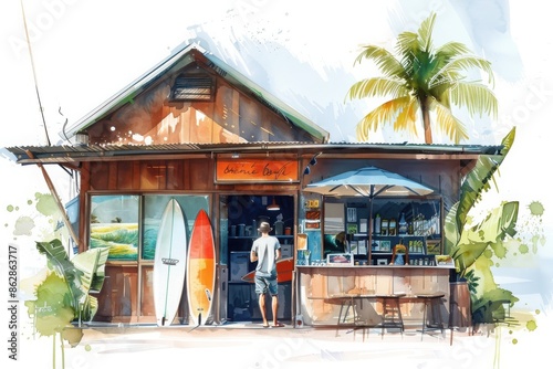 A vibrant beach shack with surfboards, tropical palm trees, and a person standing outside. Watercolor illustration highlighting coastal vibes.