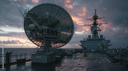 Large satellite dish on a navy ship