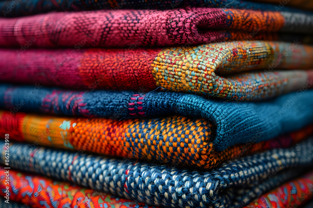 stack of colourful cotton clothes, close up pile of clothing stack of colourful cotton clothes, close up pile of clothing