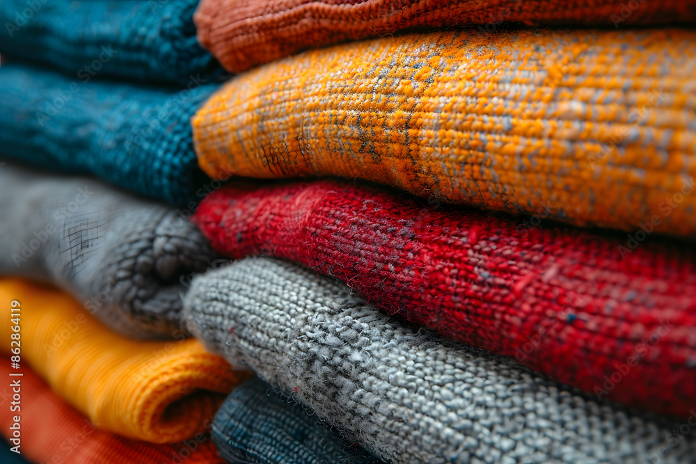 stack of colourful cotton clothes, close up pile of clothing stack of colourful cotton clothes, close up pile of clothing