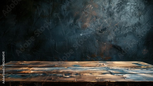 A wooden table is in front of a dark room wall background for advertising and product placement photo