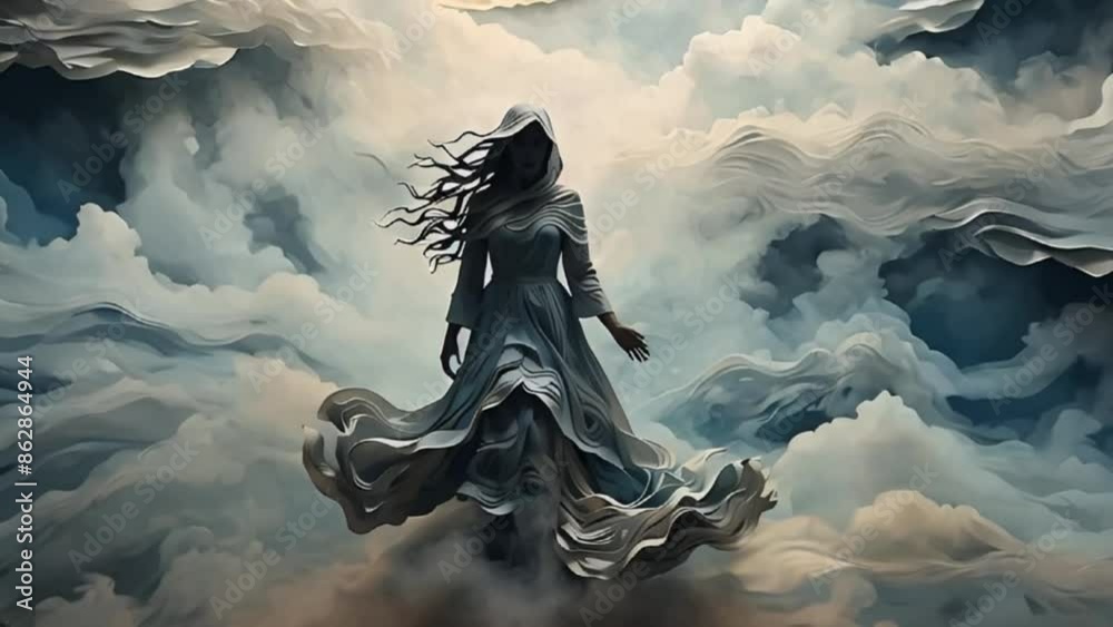 流れる霧の中で動く幽霊のような女性の姿が現れる映像 流れる霧の中で動く幽霊のような女性の姿が現れる映像