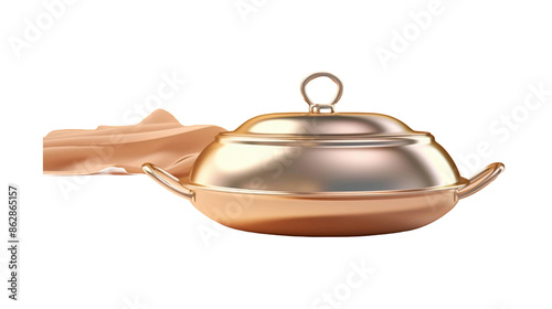 Abstract restaurant dish presentation. Metallic platter, opened lid on table with white cloth Isolated on transparent background