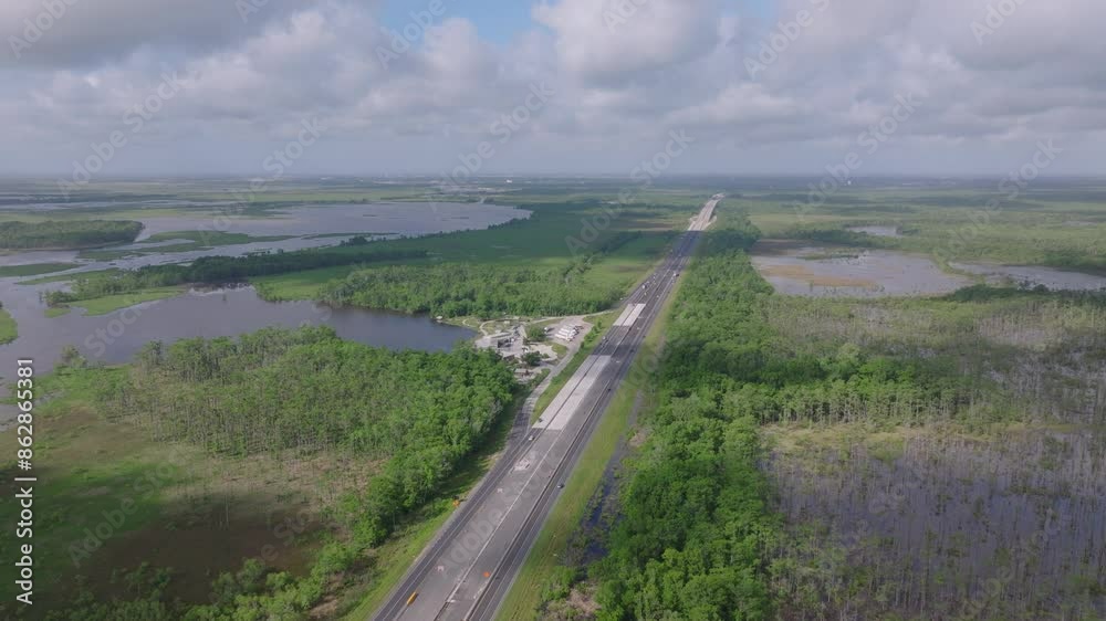 Aerial view of a highway cutting through lush Louisiana wetlands and forests on a sunny day, showcasing the region's natural beauty Aerial view of a highway cutting through lush Louisiana wetlands and forests on a sunny day, showcasing the region's natural beauty