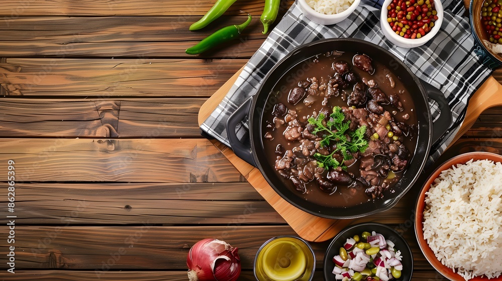 Traditional Asian meal with rich stew, fresh vegetables, and rice on rustic wooden table Traditional Asian meal with rich stew, fresh vegetables, and rice on rustic wooden table