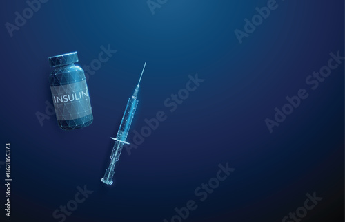 Syringe lying next to a bottle of insulin Diabetes type 1, 2, control, treatment concept Low poly style Geometric background Wireframe light connection structure Top view Modern blue 3d graphic Vector