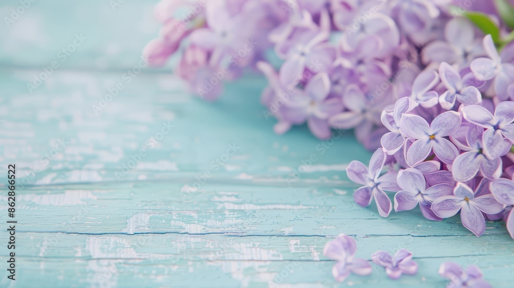 Obraz premium Purple lilac flowers arranged on a wooden table with scattered petals, creating a rustic and fresh spring atmosphere.
