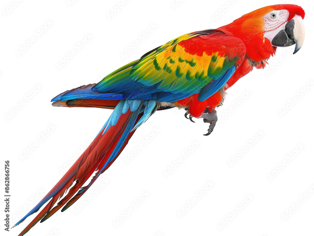 Fototapeta premium A colorful parrot with a black beak is perched on a white background