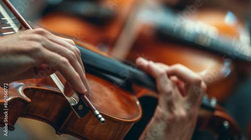 Closeup of a violinist playing a violin with precision, focusing on the hand and strings.