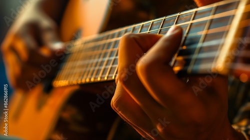 Closeup of fingers playing an acoustic guitar. photo