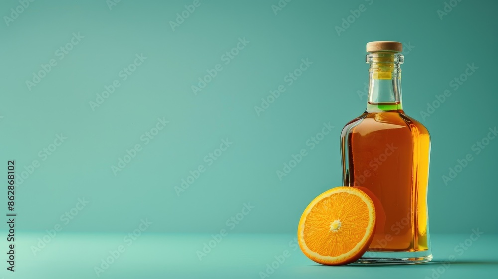 Glass bottle of orange liquid with sliced on green background Glass bottle of orange liquid with sliced on green background