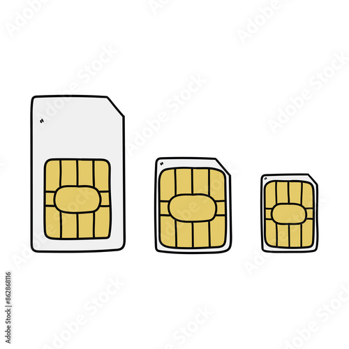 Hand drawn cartoon set of sim cards for mobile phone on white background.