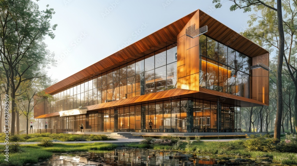 A Modern Glass And Wood Building Surrounded By Lush Greenery. Generative AI A Modern Glass And Wood Building Surrounded By Lush Greenery. Generative AI