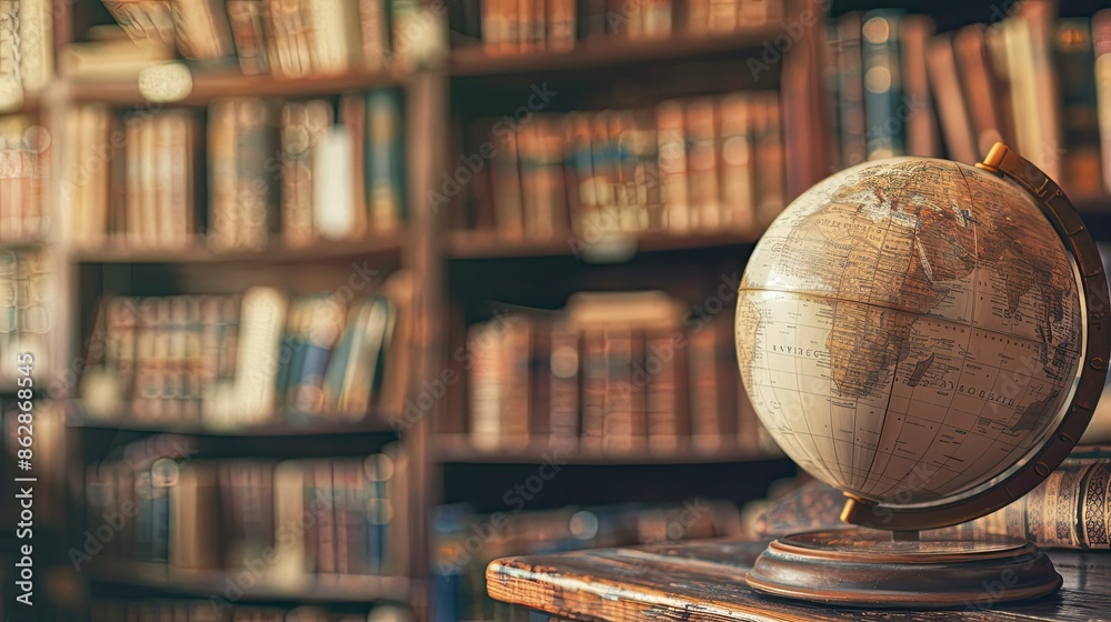 An old-fashioned globe sits to the right against the background of a blurry bookshelf filled with books