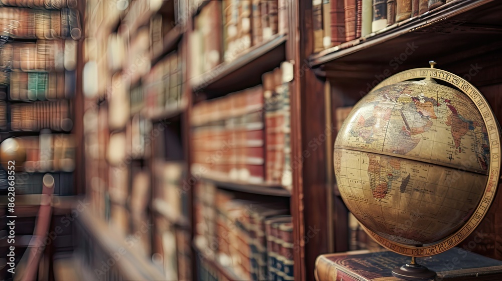 An old-fashioned globe sits to the right against the background of a blurry bookshelf filled with books An old-fashioned globe sits to the right against the background of a blurry bookshelf filled with books