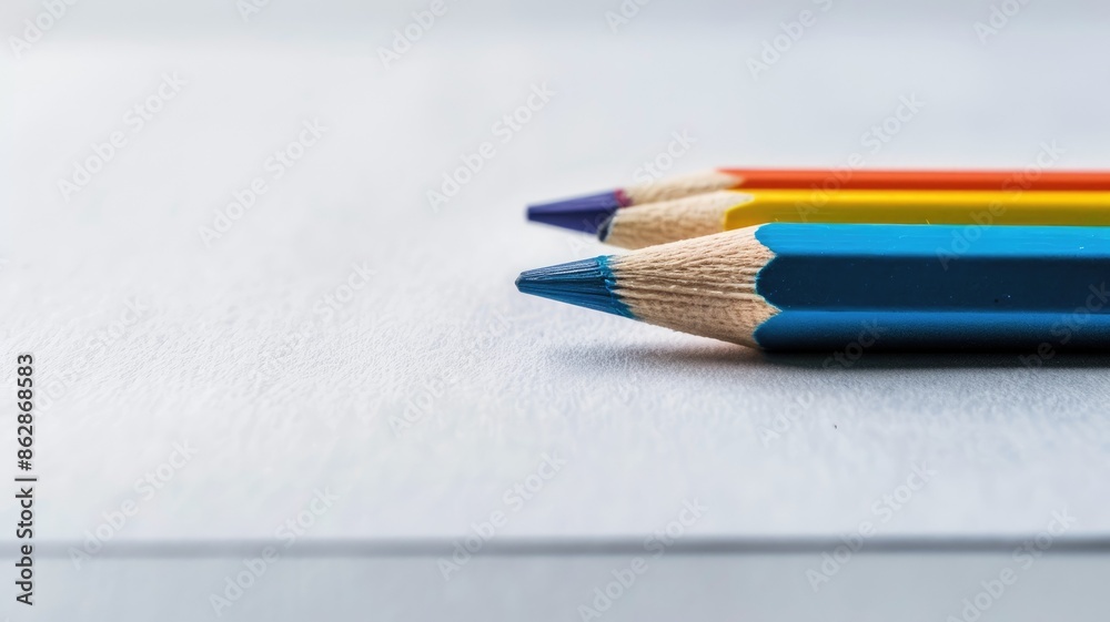 Three colored pencils on white paper surface Three colored pencils on white paper surface