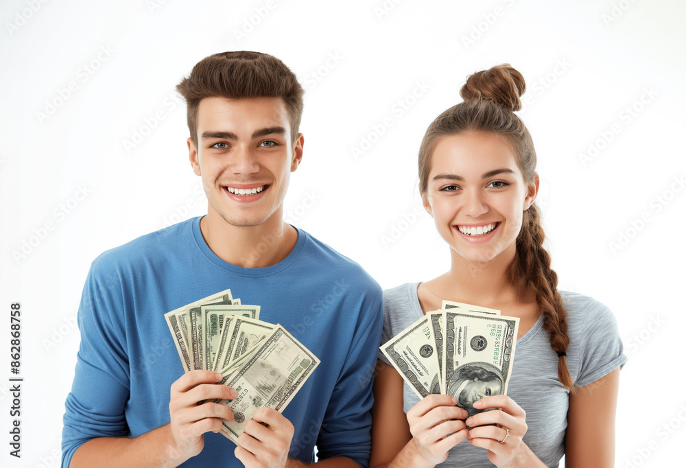 Young couple holding many dollar bills in their hands, smiling Young couple holding many dollar bills in their hands, smiling
