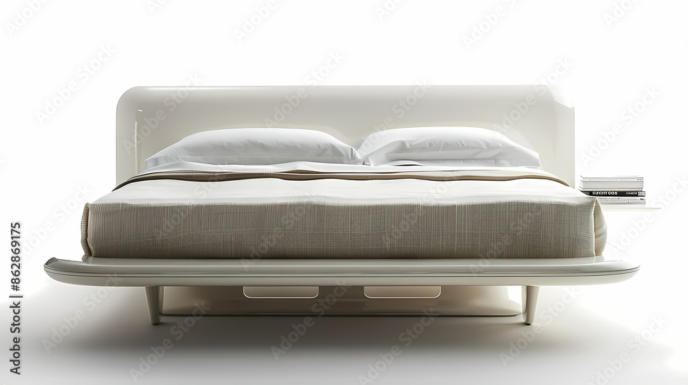 Minimalist style bed and white laminated finish, front side, isolated white background Minimalist style bed and white laminated finish, front side, isolated white background