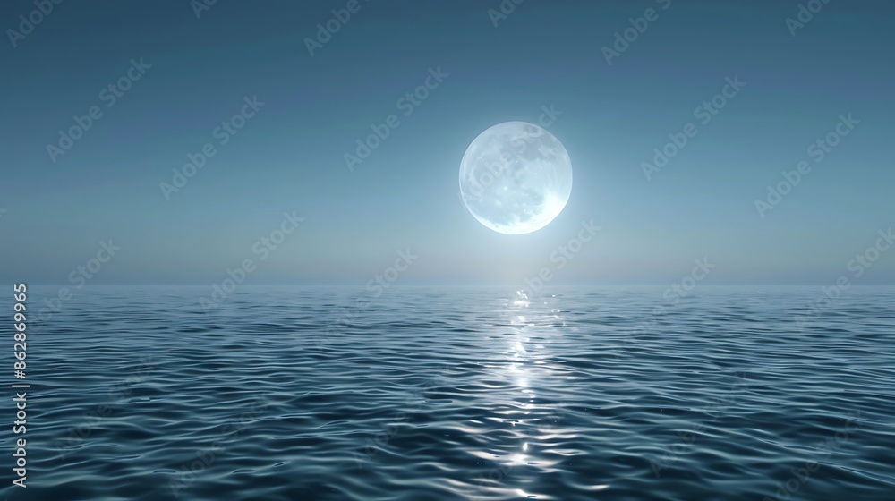 Full moon rising over a tranquil sea its reflection shimmering across the water's surface Full moon rising over a tranquil sea its reflection shimmering across the water's surface
