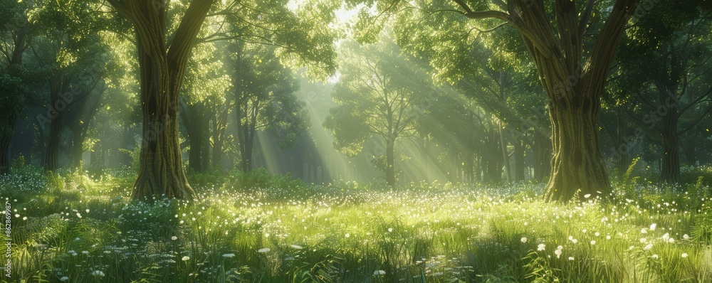 A tranquil forest glade with sunlight. Realistic. A tranquil forest glade with sunlight. Realistic.