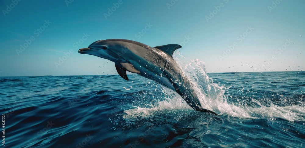 Naklejka premium A Dolphin Leaps Above the Ocean Waves on a Sunny Day
