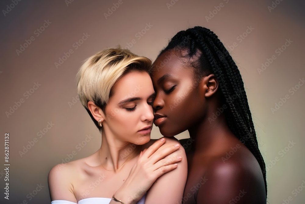 Two women falling in love. Romantic multiethnic couple hugging each other for the first time kiss. Valentine's day concept. Two women falling in love. Romantic multiethnic couple hugging each other for the first time kiss. Valentine's day concept.