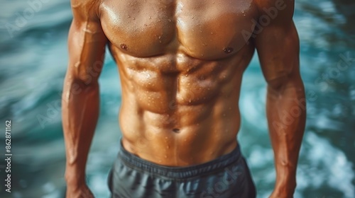 A fit man with a toned physique stands by the water's edge, his body glistening with droplets. His defined abs and muscles highlight his fitness and healthy lifestyle.