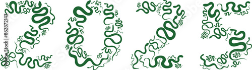 new year 2025. figures in the form of green snakes. the symbol of the year. winter holiday. graphic drawing. background for the design.