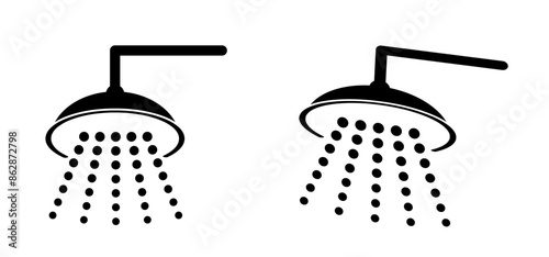 Cartoon Home, hotel shower head with water drops. Vector bathroom tools. Water shower symbol. for shower stall or shower bath and bath room, bathing hot water. Douche icon. Showerhead logo
