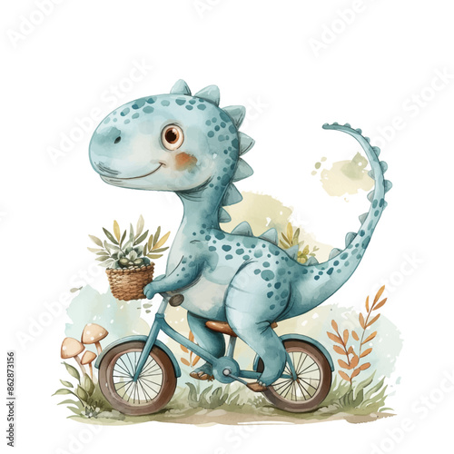 Fototapeta Naklejka Na Ścianę i Meble -  Watercolor beautiful cute dinosaurs on a bicycle. Vector illustration.