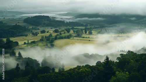 Hilltop view of fog rolling in over a valley the landscape slowly disappearing under a white blanket
