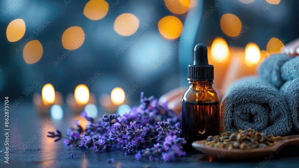 Spa scene with essential oils, lavender, and candles Spa scene with essential oils, lavender, and candles
