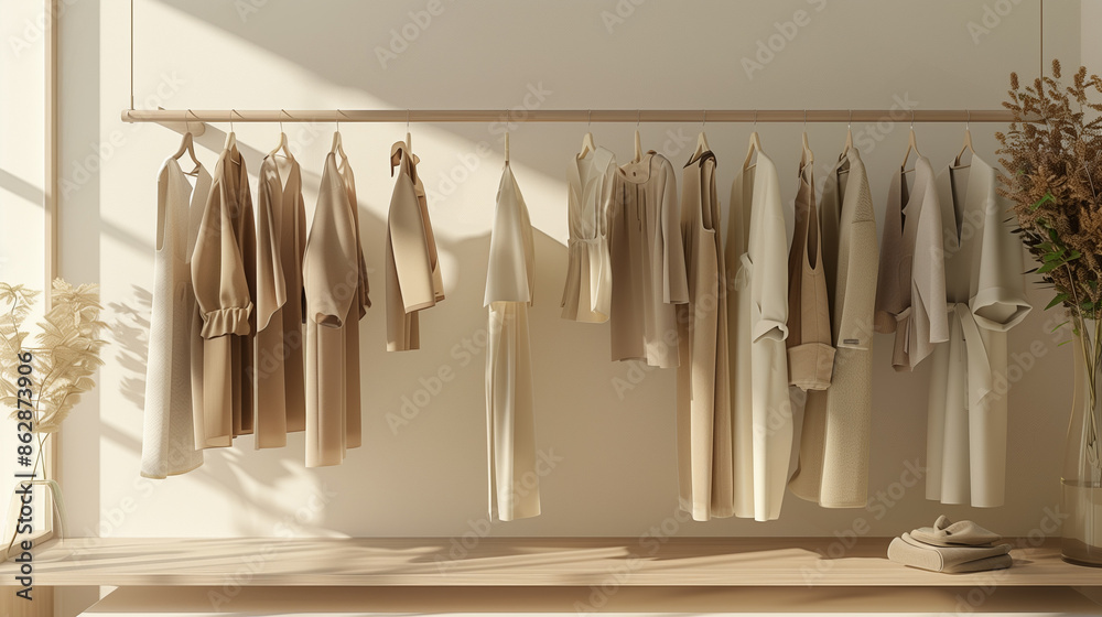 Clothes on grunge background, shelf on cream background, Collection of clothes hanging on a rack in neutral beige colors, 3d rendering, store and bedroom concept