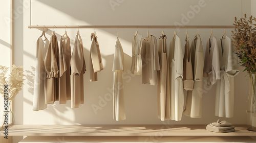 Obraz na płótnie Clothes on grunge background, shelf on cream background, Collection of clothes hanging on a rack in neutral beige colors, 3d rendering, store and bedroom concept w salonie